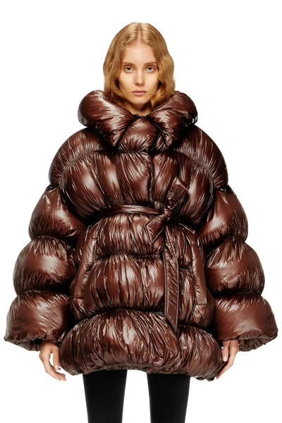 Diesel Short Quilted Down Coat With Belt In Brown