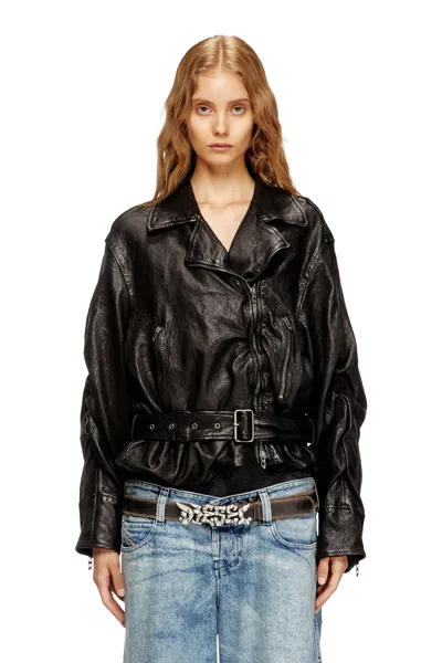 Diesel Belted Jacket In Boiled Leather In Black