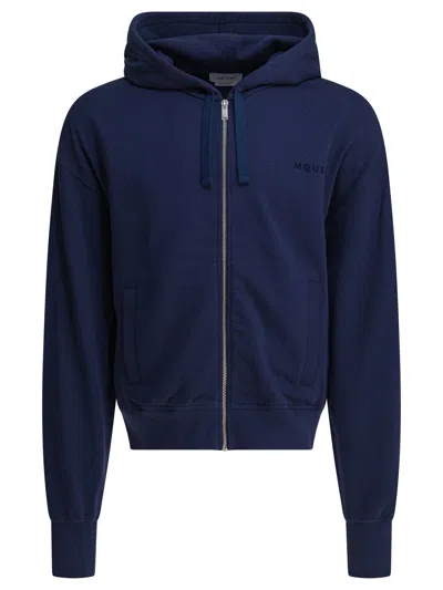 Alexander Mcqueen Full-zip Hooded Sweatshirt With Embroidered Detailing In Blue
