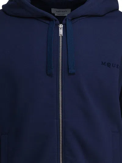 Alexander Mcqueen Full-zip Hooded Sweatshirt With Embroidered Detailing In Blue