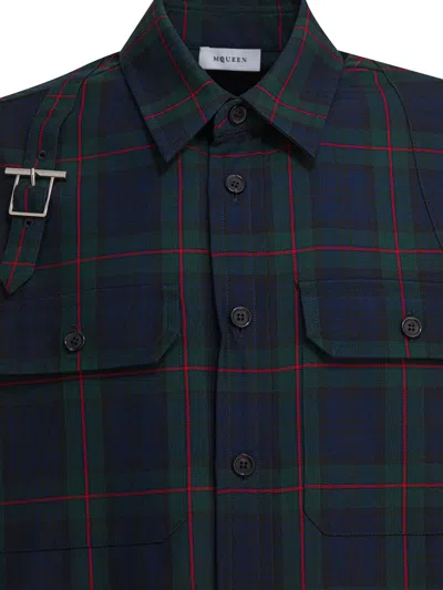 Alexander Mcqueen Classic Tartan Shirt With Metal Buckle Detail And Relaxed Fit In Blue