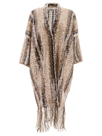 Brunello Cucinelli Open-knit Brown Knitwear With Fringe Detailing In Gold