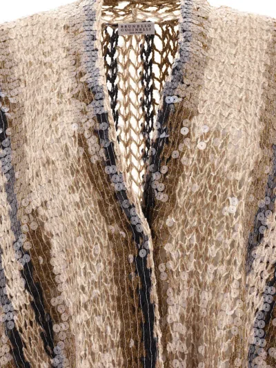 Brunello Cucinelli Open-knit Brown Knitwear With Fringe Detailing In Gold