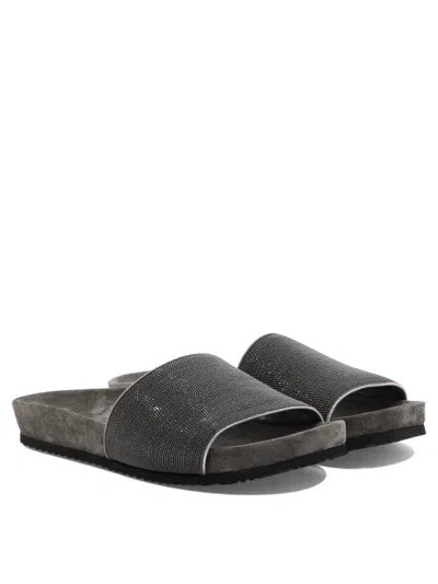 Brunello Cucinelli Precious Taupe Slides In Suede In Brown