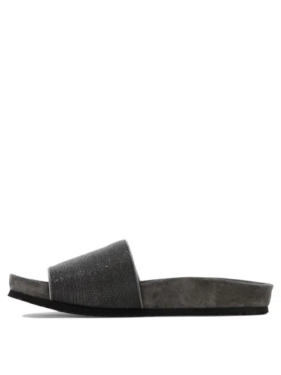 Brunello Cucinelli Precious Taupe Slides In Suede In Brown