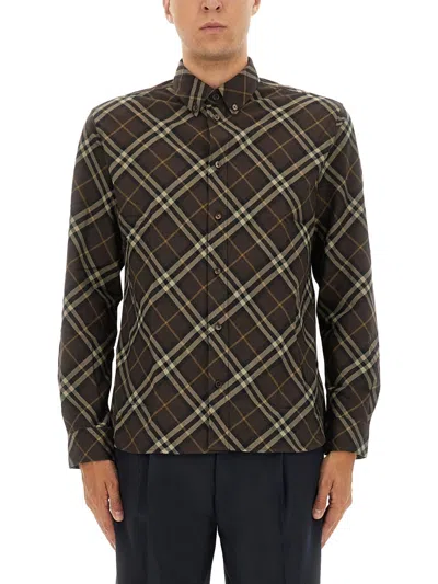 Burberry Long Sleeve Button-down Shirt With Plaid Design In Brown
