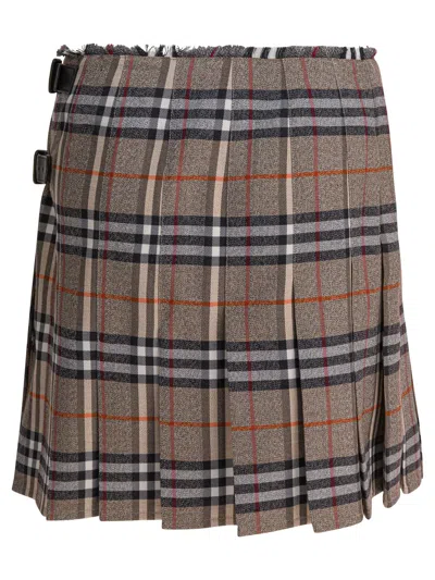 Burberry Plaid Pleated Skirt With Frayed Hem And Buckle Accents In Brown