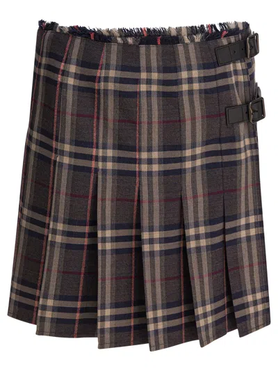Burberry Leather-trimmed Pleated Checked Wool Mini Skirt In Black