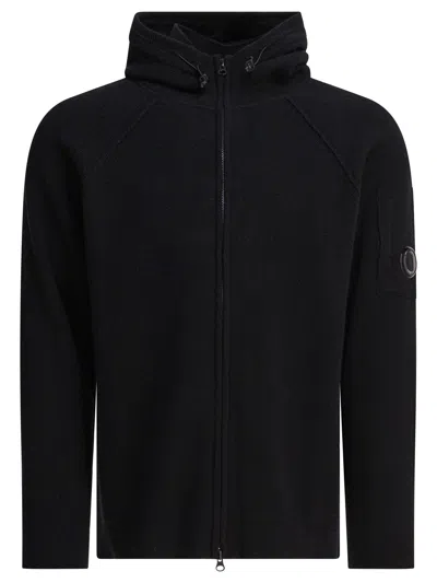 C.p. Company Signature Lens Zip-up Cardigan With Hood In Black
