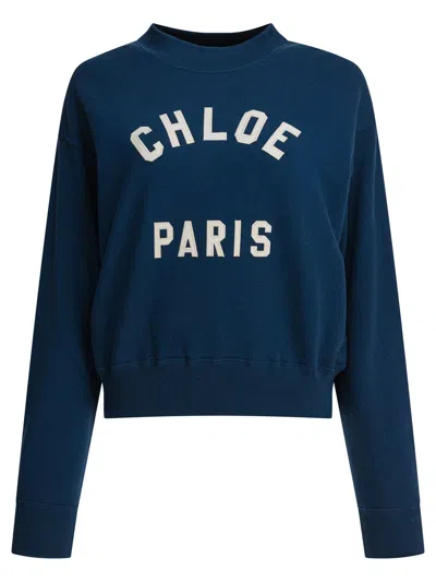 Chloé Crew Neck Logo Sweater In Blue