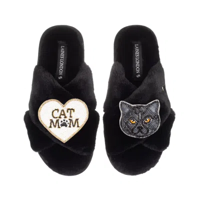 Laines London Women's Classic Laines Slippers With Cat Mum/mom & Black Scottish Fold Cat Brooches - Black In Black