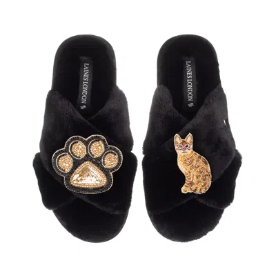 Laines London Women's Classic Laines Slippers With Paw & Sitting Ginger Cat Brooches - Black In Multi