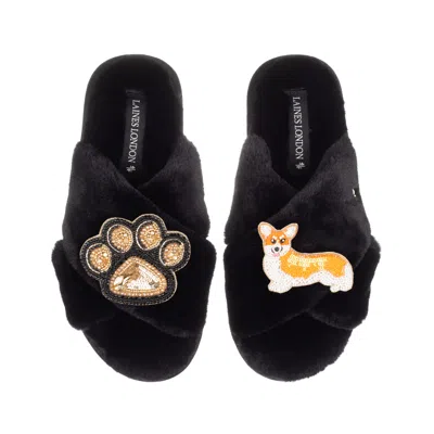 Laines London Women's Classic Laines Slippers With Paw & Peach The Corgi Brooches - Black In Animal Print
