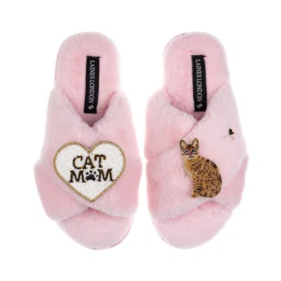 Laines London Women's Classic Laines Slippers With Cat Mum/mom & Sitting Ginger Cat Brooches - Pink In Multi
