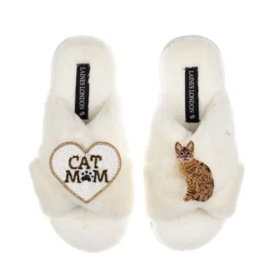Laines London Women's Neutrals / White Classic Laines Slippers With Cat Mum/mom & Sitting Ginger Cat Brooches - Cr In Animal Print