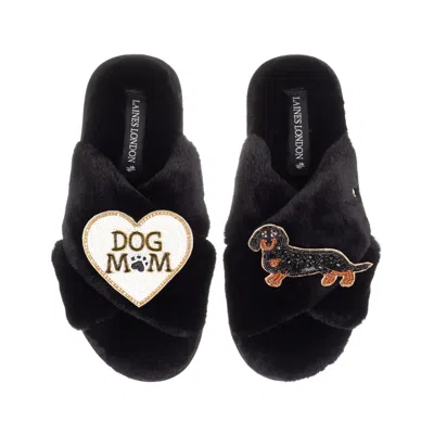 Laines London Women's Classic Laines Slippers With Dog Mum/mom & Black & Tan Dachshund Brooches - Black In Multi