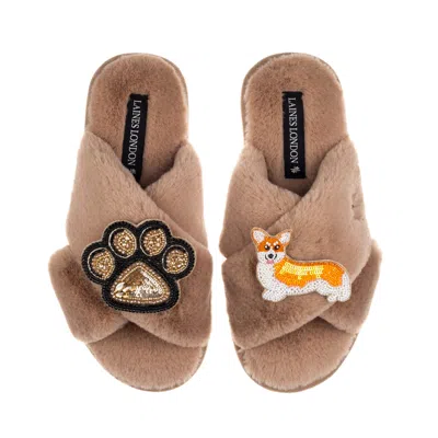 Laines London Women's Neutrals / Brown Classic Laines Slippers With Paw & Peach The Corgi Brooches - Toffee In Animal Print
