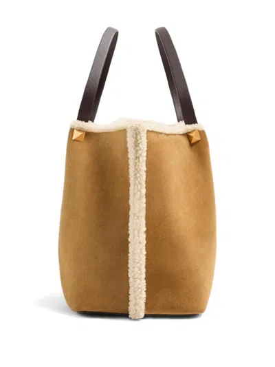 Valentino Garavani  Garavani Medium Suede Shopping Bag With Sheepskin Lining Woman Havana B In Brown