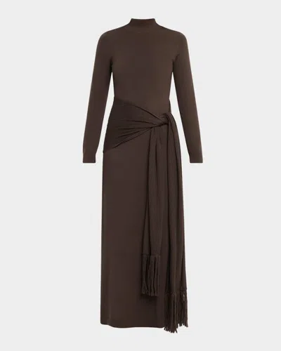 Lela Rose Mock-neck Long-sleeve Wrap-sash Midi Dress In Brown