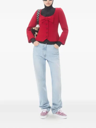 Valentino Womens Bow-embroidered Scoop-neck Tweed Jacket Paris In Red