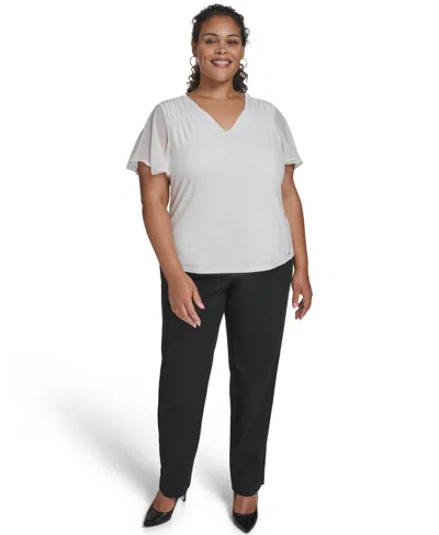 Calvin Klein Plus Size Mixed Media Flutter-sleeve Blouse In White