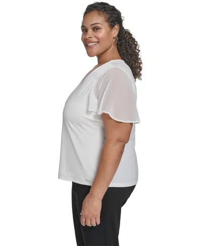 Calvin Klein Plus Size Mixed Media Flutter-sleeve Blouse In White
