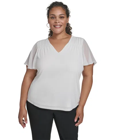 Calvin Klein Plus Size Mixed Media Flutter-sleeve Blouse In White