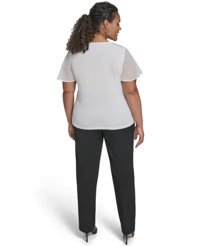 Calvin Klein Plus Size Mixed Media Flutter-sleeve Blouse In White