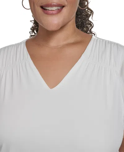 Calvin Klein Plus Size Mixed Media Flutter-sleeve Blouse In White