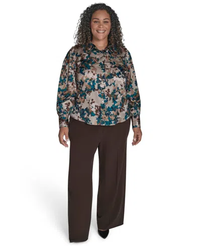 Calvin Klein Plus Size Printed Charmeuse Long-sleeve Blouse In Multi