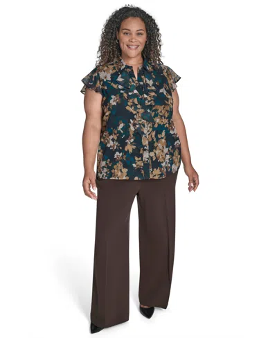 Calvin Klein Plus Size Printed Cap-sleeve Ruffle-front Blouse In Multi