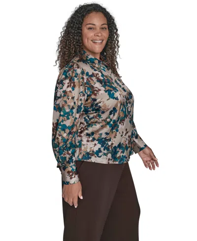 Calvin Klein Plus Size Printed Charmeuse Long-sleeve Blouse In Multi