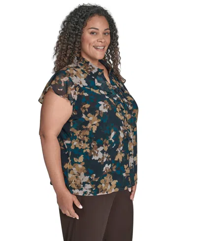 Calvin Klein Plus Size Printed Cap-sleeve Ruffle-front Blouse In Multi