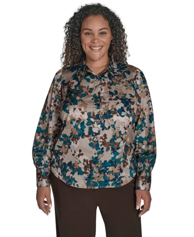 Calvin Klein Plus Size Printed Charmeuse Long-sleeve Blouse In Multi
