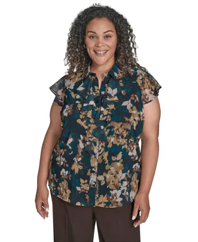 Calvin Klein Plus Size Printed Cap-sleeve Ruffle-front Blouse In Multi
