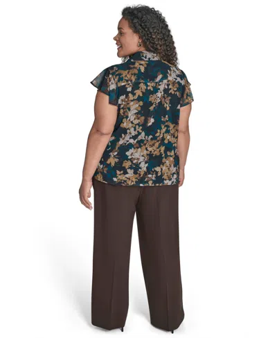 Calvin Klein Plus Size Printed Cap-sleeve Ruffle-front Blouse In Multi