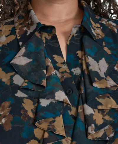Calvin Klein Plus Size Printed Cap-sleeve Ruffle-front Blouse In Multi