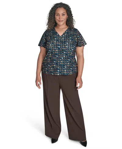 Calvin Klein Plus Size Printed V-neck Flutter-sleeve Blouse In Multi