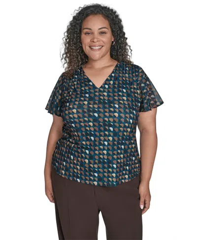 Calvin Klein Plus Size Printed V-neck Flutter-sleeve Blouse In Multi