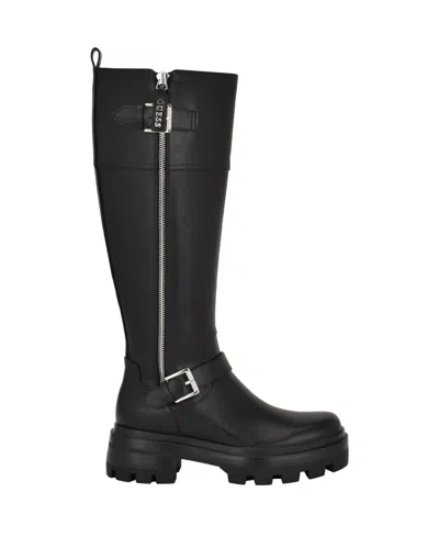 Guess Women's Lynnie Tall Buckle Moto Lug Sole Boots In Black