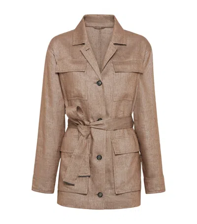 Brunello Cucinelli Brown Jacket With Notched Revers And Front Closure With Bow In Linen Blend Woman In Brown