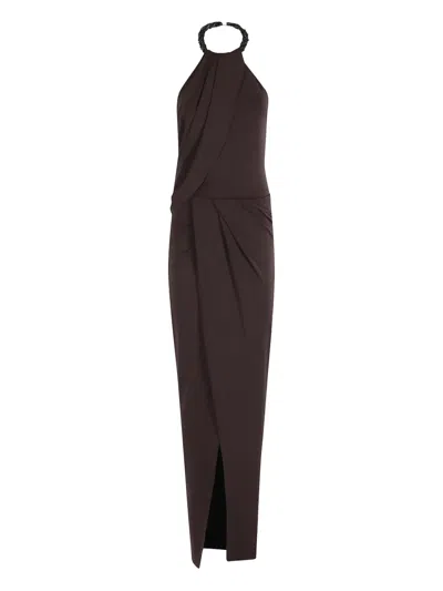 Amen Draped Maxi Dress With American Torchón Neckline In Brown