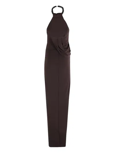 Amen Draped Maxi Dress With American Torchón Neckline In Brown