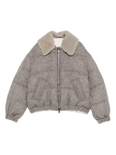 Brunello Cucinelli Herringbone-pattern Shearling-collar Jacket In Gray