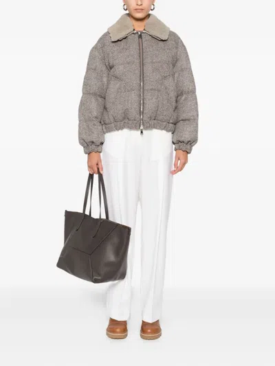 Brunello Cucinelli Herringbone-pattern Shearling-collar Jacket In Gray