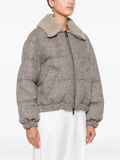 Brunello Cucinelli Herringbone-pattern Shearling-collar Jacket In Gray