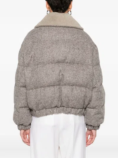 Brunello Cucinelli Herringbone-pattern Shearling-collar Jacket In Gray