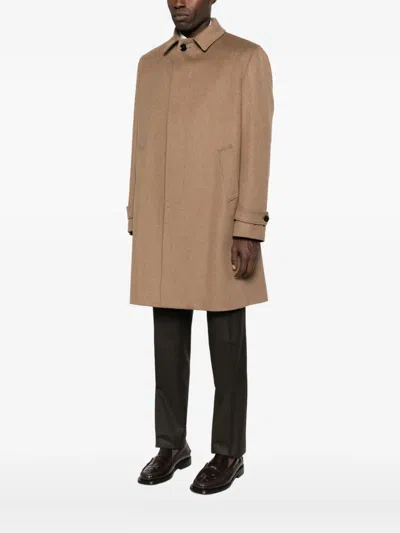 Lardini Single-breasted Wool Coat Featuring Back Vent In Brown