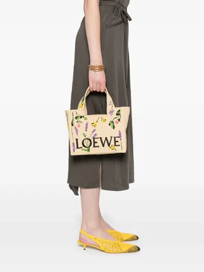 Loewe Font Flowers Small Raffia Tote Bag In Beige