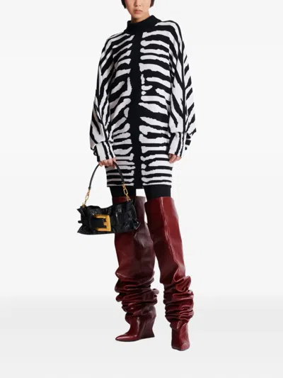 Balmain Knit Dress With Zebra Intarsia In White